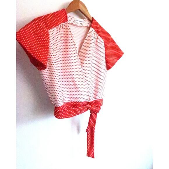 GAY GIBSON Vintage 1960s Polka Dot Swiss Dot Wrap Tie V-Neck Crop Top Blouse S - Picture 2 of 10